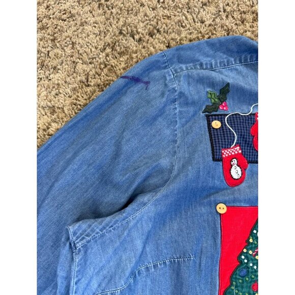 KAREN SCOTT Chambray Button Shirt Cord Collar Christmas Santa Stockings 2X READ - Picture 8 of 10
